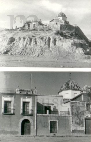 Fachada principal de la casa y los terrenos después de la desaparición de las balsas de riego del Hospital. Posterior a 1970. Archivo del Museo.